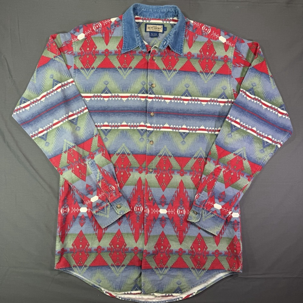 Vintage Aztec Tribal Vibrant Button Up 90s Large USA Made Ralph Lauren Style
